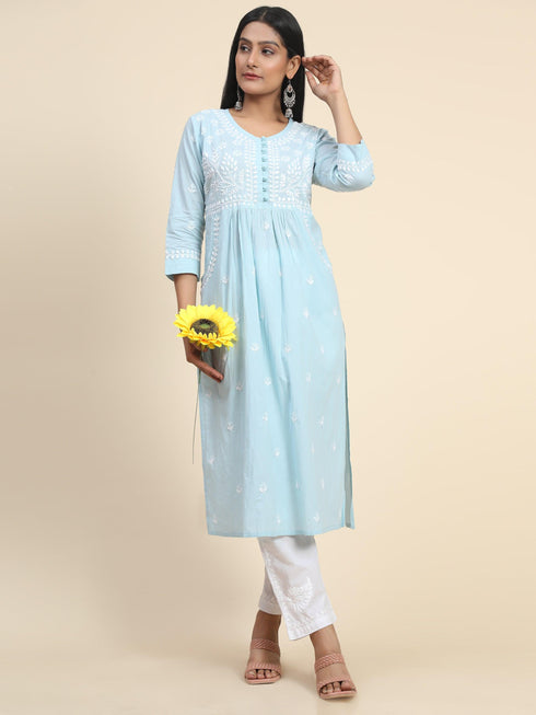 Chikankari Hand embroidery Round neck Dress with Pocket- Sky Blue
